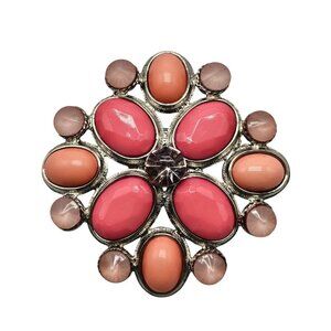 Vintage Pink Peach Floral Medallion Brooch Pin With Rhinestone Accents